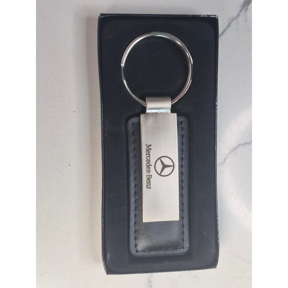 Mercedes-Benz Keychain Black Leather Brushed Metal Logo Key Ring with Box